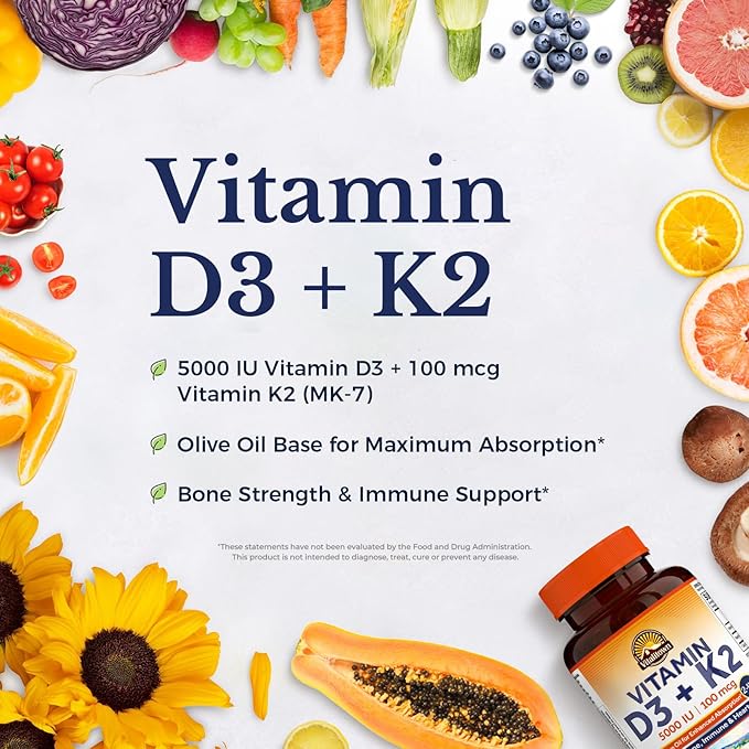 Vitalitown Vitamin D3 K2 Supplement, D3 5000 IU, Vitamin K2 MK-7 100 mcg, Non-GMO, No Gluten & Soy, for Bone, Teeth, Immune & Heart Health, 120 Softgels