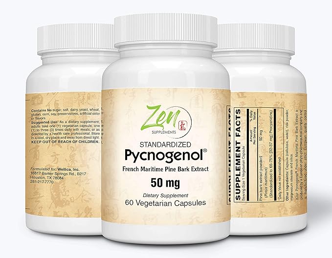 Zen Supplements Pycnogenol 50mg - Standardized French Maritime Pine Bark Extract for Antioxidant & Inflammation Support - Non-GMO, Gluten & Soy Free 60-Vegcaps