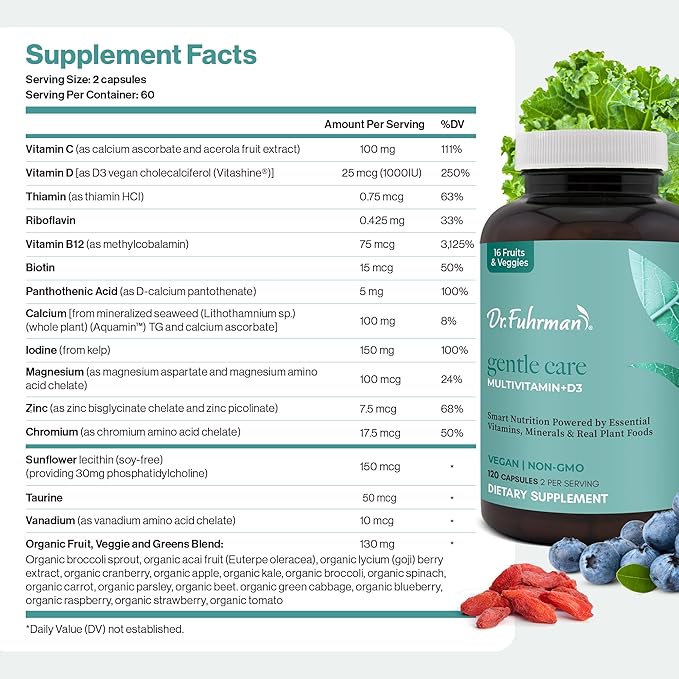 Dr. Fuhrman 2 Month Supply Multivitamin for All + D3 Vitamin for Immune Support | Vegan Formula Womens Multivitamin with B12 & Zinc | Whole Food multivitamin with 17 Fruits & Veggies