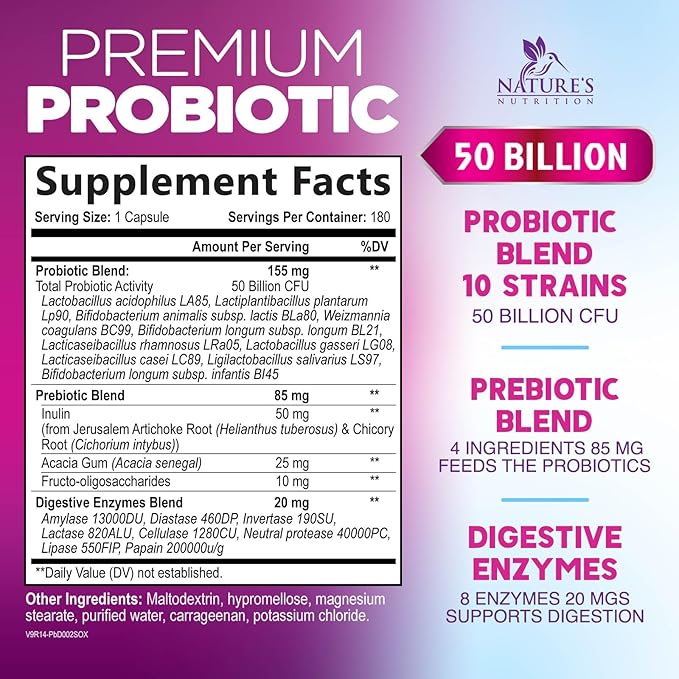 Probiotics for Digestive Gut Health - 50 Billion CFU Per Capsule, 10 Premium Strains & Prebiotics - Best Probiotics for Women & Men, Occasional Constipation, Gas, Immune Health Support - 180 Capsules