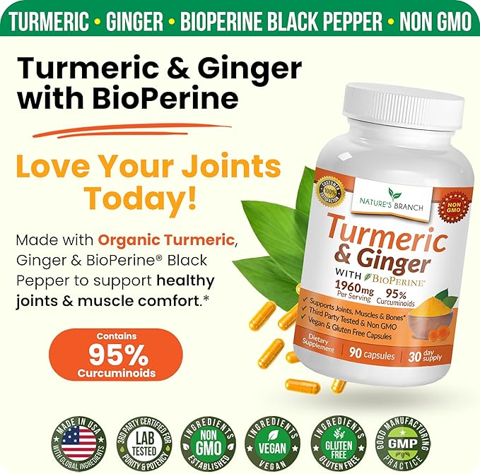 Turmeric and Ginger Supplement - Organic Turmeric & BioPerine - 95% Curcuminoids for Joint Support & Digestion | High Absorption Black Pepper Extract, Vegan, Curcumin Pills, Extra Strength 90 Capsules