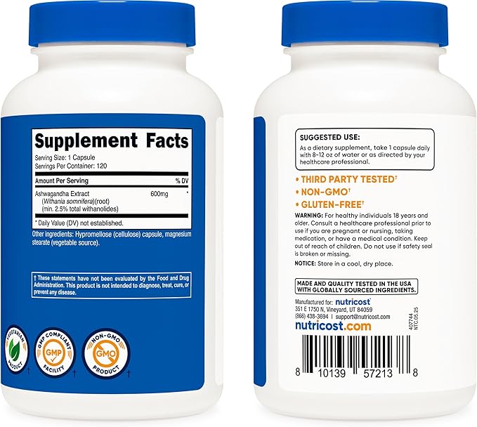 Nutricost Ashwagandha Herbal Supplement 600mg, 120 Capsules - Vegetarian, Non-GMO, Gluten Free, Ashwagandha Root