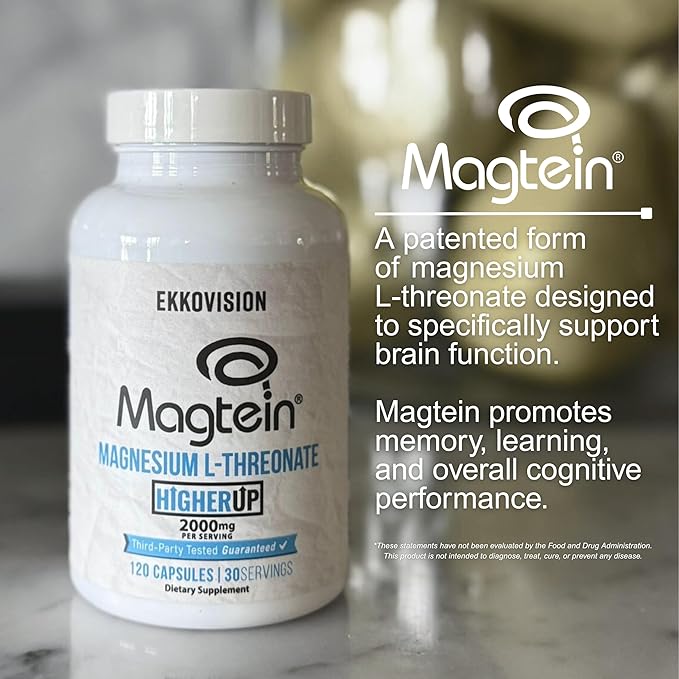 Ekkovision Magtein Magnesium L-Threonate, Memory & Cognitive Function Support, Magnesium Supplement with Essential Minerals for Men & Women, 2000 MG Per Serving, 120 Easy-to-Swallow Capsules