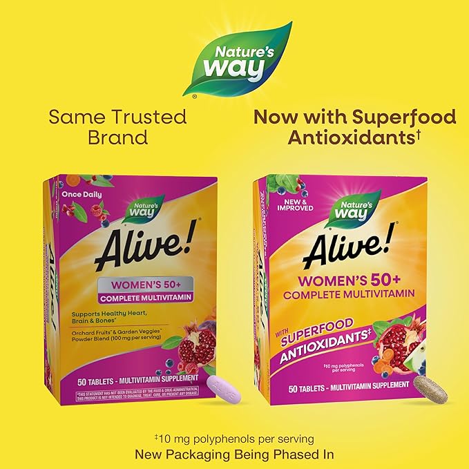 Nature's Way Alive! Women's 50+ Complete Multivitamins, Supports Healthy Heart, Brain, Bones*, Superfood Antioxidants(1), B-Vitamins, Gluten Free, 50 Tablets (Packaging May Vary)