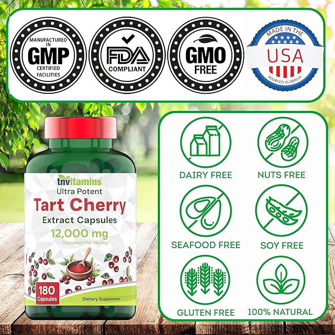 tnvitamins Tart Cherry Capsules 12,000 mg Per Serving - 180 Count | Ultra-Potent Tart Cherry Extract Capsules | Joint, Sleep, & Recovery Support* | High in Antioxidants | Non-GMO | Made in the USA!