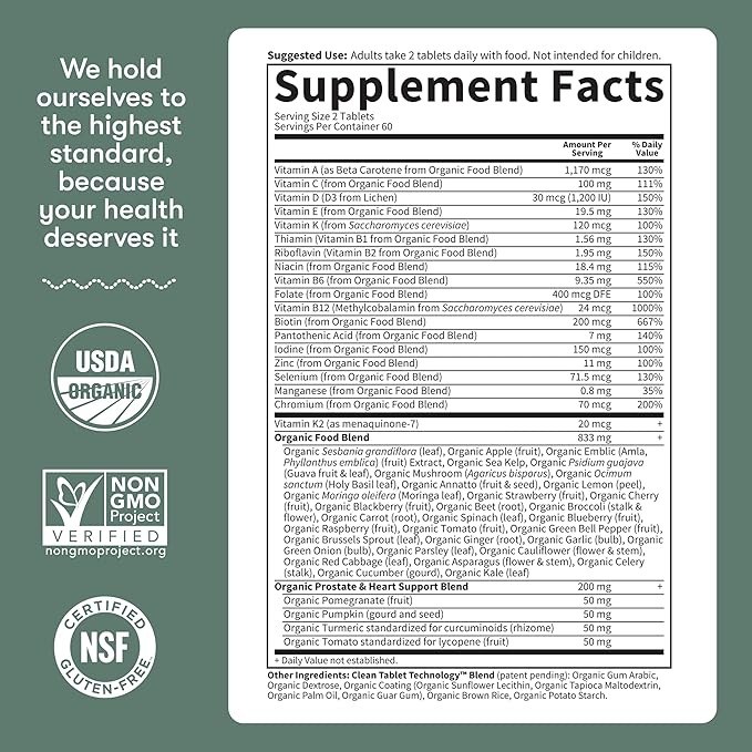 Garden of Life Organics Men's 40+ Multivitamin with Prostate Support, B12 & Vitamins – Vegan Daily Whole Food Multivitamin, Non-GMO, Certified Organic, 120 Tablets