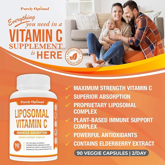 Purely Optimal Premium Liposomal Vitamin C Supplement - High Absorption, Fat Soluble Ascorbic Acid Vitamin C 1000mg for Immune Support - Collagen & Immune System Booster, Non-GMO, 90 Capsules