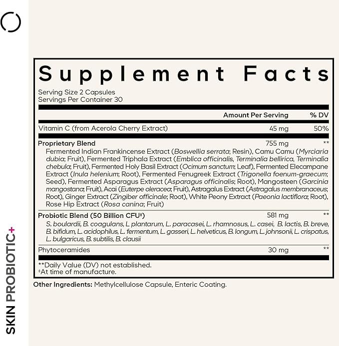 Codeage Skin Probiotics + Prebiotics - Skin Care Routine Supplement - 50 Billion CFU - Ayurvedic Botanical Herbs - Face Probiotics - Shelf Stable Cleanser, Non-GMO, Vegan - 60 Capsules