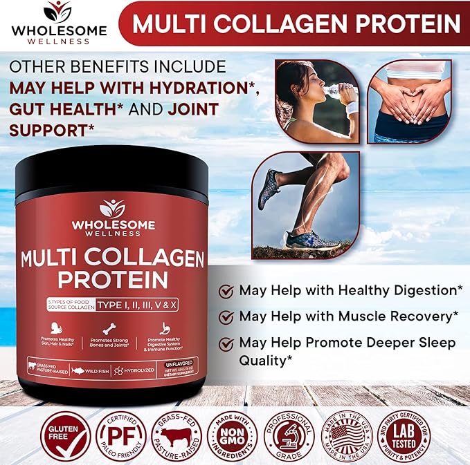Wholesome Wellness Premium Multi Collagen Peptides Protein Powder for Women and Men, 5 Types of Hydrolyzed Collagen, Grass-Fed, Non-GMO & Unflavored, Pure Protein for Youthful Skin & Joint Recovery