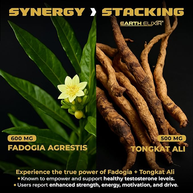 Earth Elixir Fadogia Agrestis & Tongkat Ali for Men & Woman – Natural Testosterone Supplement for Men - Made in USA & 3rd Party Tested – Strength, Energy & Vitality - Longjack – 3 Month Supply