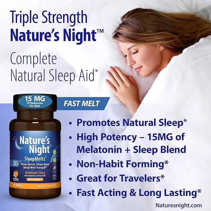 Zero Brands Nature's Night Triple Strength Quick Dissolve Melatonin 15mg with Supportive Blend | Natural Orange Flavor | 90 Count | Sugar Free, Vegan, Non-GMO, Drug Free