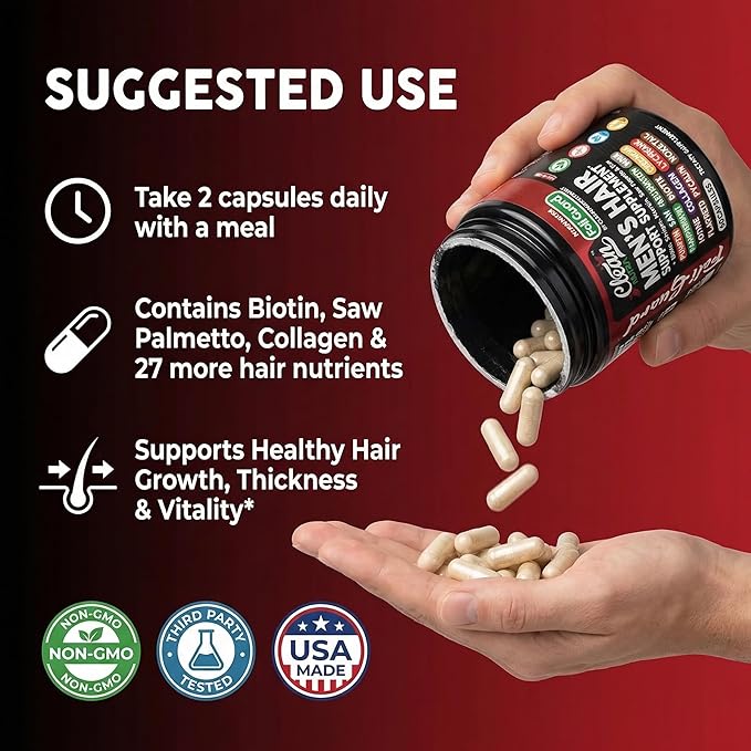 Hair Growth Supplement For Men | Biotin Hair Vitamins Collagen Pumpkin Seed Saw Palmetto Iron Ginseng Bamboo Silica Rosemary Peppermint Keratin Selenium Iodine Flaxseed Horsetail Vitamin A C D3 E B12
