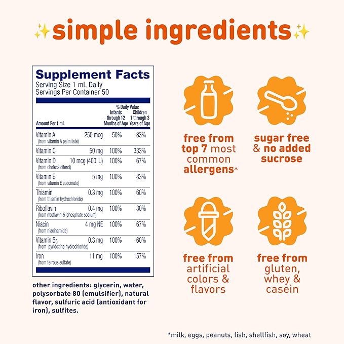 Enfamil Baby Vitamins Enfamil Poly-Vi-Sol 8 Multi-Vitamins & Iron Supplement Drops for Infants & Toddlers, Supports Growth & Development, 50 mL Dropper Bottle