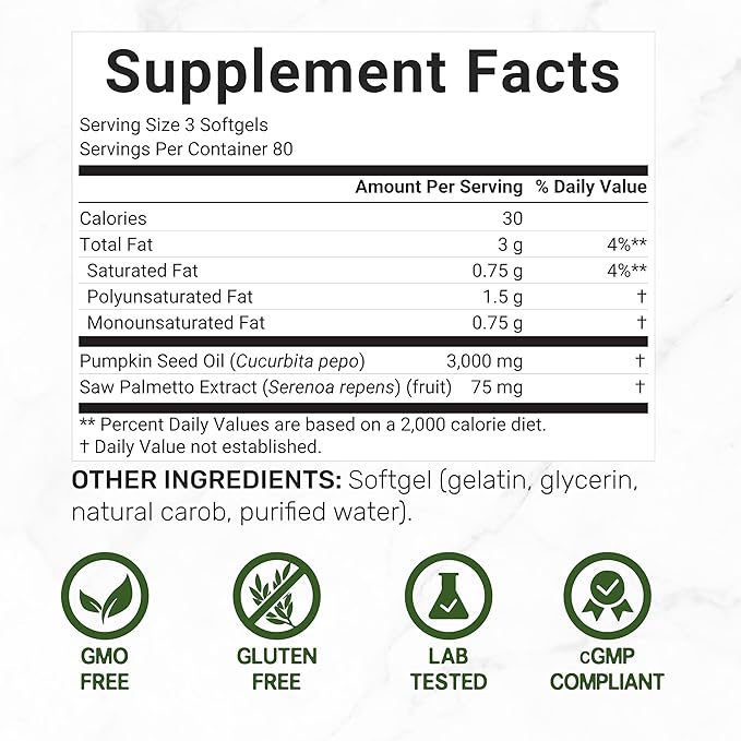 Pumpkin Seed Oil 3,000mg with Saw Palmetto, 240 Softgels – Cold Pressed Extract with Virgin Oil – Supports Prostate Health & Normal Urinary Frequency – DHT Blocker for Hair Growth – Non-GMO