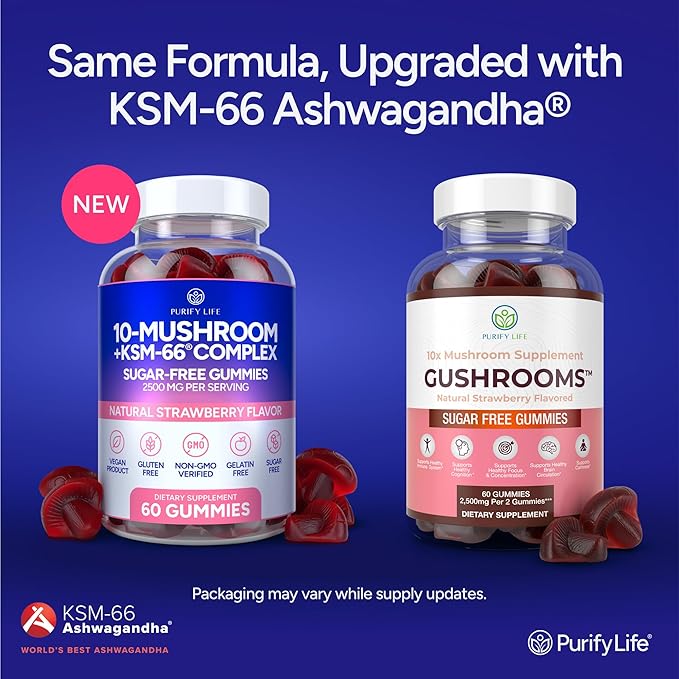Sugar-Free Mushroom Gummies with KSM 66 Ashwagandha - Potent 10x Mushroom Supplement with Lions Mane, Chaga, Reishi, Mushroom Complex, Natural Stress Support, Calm Gummies, Nootropic Supplement