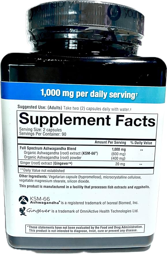 Organic KSM-66 Ashwagandha Supplement – 180 Vegetarian Capsules, 1000mg per Daily Serving, Supports Healthy Stress Management Response