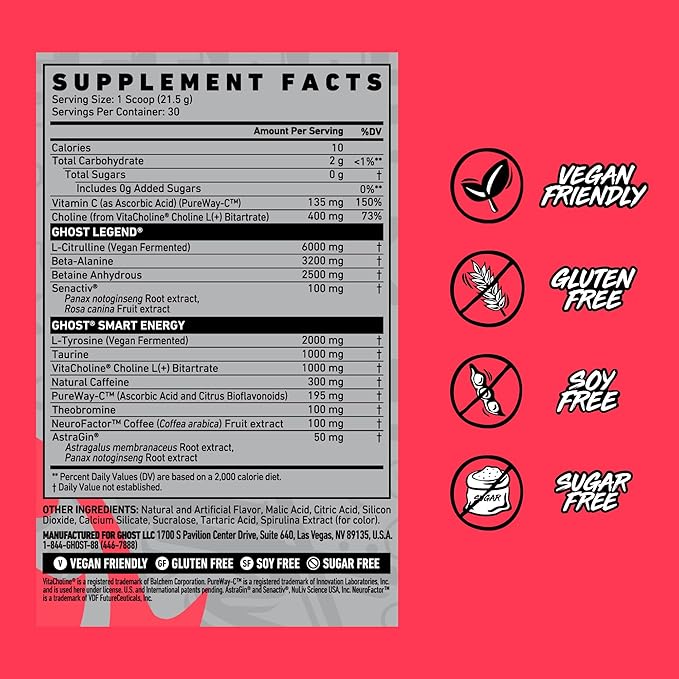 GHOST Legend Pre-Workout Powder, Blue Raspberry - 30 Servings – Pre-Workout for Men & Women with Choline, L-Citrulline, & Beta Alanine for Energy & Focus