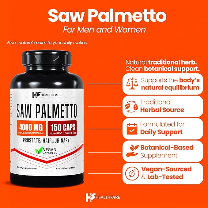 Healthfare Saw Palmetto for Men & Women | Extract 4000mg | 150 Vegan Capsules | Extra Strength Herbal Supplement | Supports Prostate, Urinary, Hair & DHT Balance | Non-GMO, Gluten-Free | Made in USA