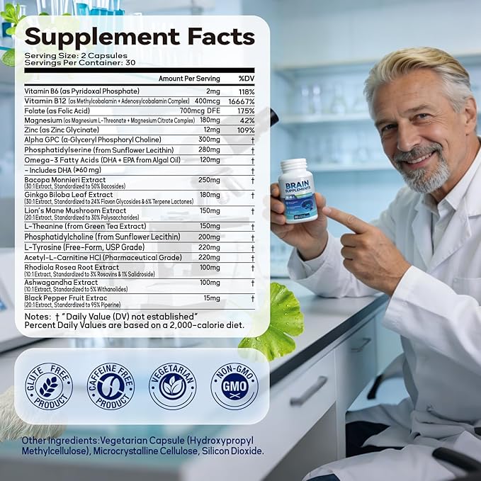 18-in-1 Brain Supplement for Memory and Focus – Nootropic Capsules with Alpha GPC, Bacopa, Ginkgo Biloba, Lion's Mane, Vitamin B6 & B12 | Cognitive Health, Mental Clarity | Vegan, Non-GMO
