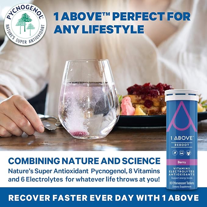 1Above Jet Lag Relief Tablets - Citrus-Flavored Effervescent Multivitamin with Pycnogenol Travel Supplement for Hydration, Energy, Immune Support and Faster Recovery - Flight Essential, 10 Tablets