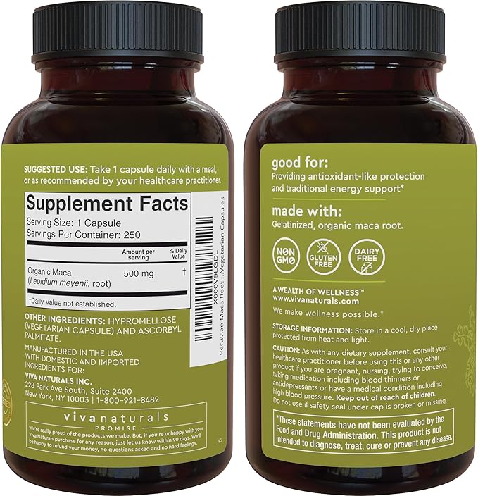 Viva Naturals Peruvian Maca Root Supplement for Women & Men, 500mg - Traditionally Used for Energy, Stamina & Endurance - 250 Yellow Maca Root Powder Capsules, Gelatinized for Easier Digestion