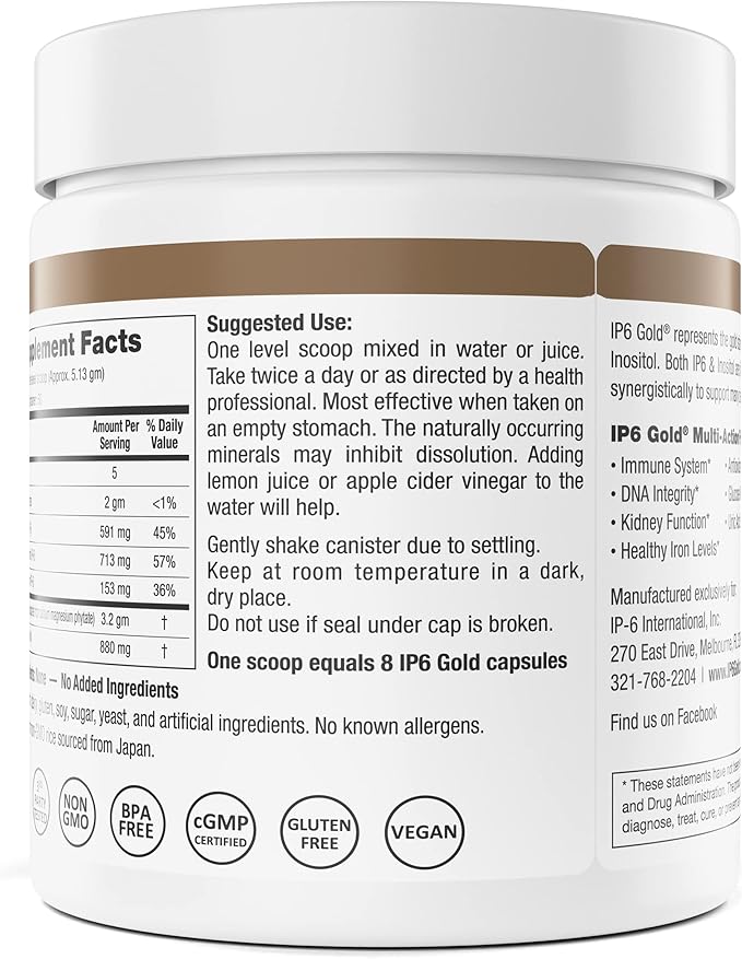 IP6 Gold, IP-6 & Myo-Inositol, Unflavored Powder 308 gm - Inositol Hexaphosphate Supplement - Vegan, Non GMO, Gluten Free