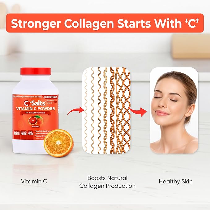 C-Salts Vitamin C Powder - 100% Pure Buffered Ascorbic Acid Powder - Daily Immune Support & Collagen Production - Stomach-Friendly Organic Vegan Non-GMO Sugar-Free - 272 Servings - Blood Orange, 26oz