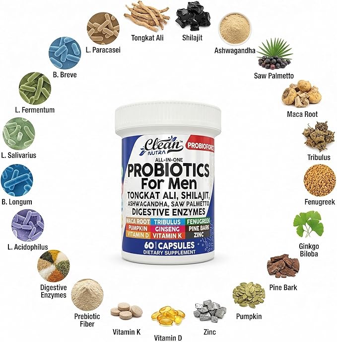 Clean Nutra Probiotics for Men | Tongkat Ali, Saw Palmetto, Tribulus, Ginseng, Ashwagandha, Maca, Pumpkin, Gingko Biloba, Pine Bark, Fenugreek, Shilajit, Zinc - Mens Probiotic 60 Capsules