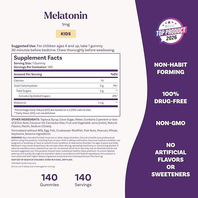 Natrol Kids Melatonin Gummies 1mg, Children's Melatonin for Restful Sleep, 140 Raspberry-Flavored Sleep Gummies, 140 Day Supply