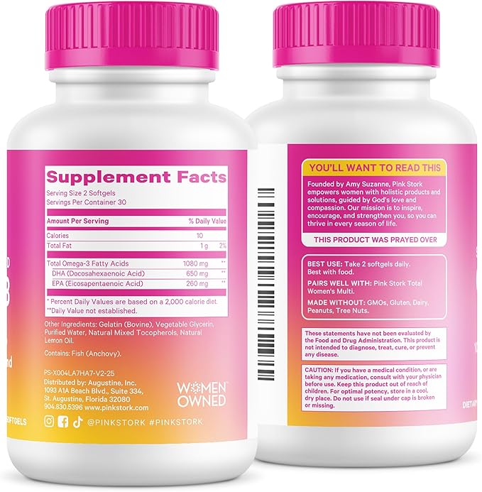 Pink Stork Omega 3 Fish Oil Supplements for Women with DHA and EPA - High Potency Burpless Omega-3 Supplement for Cognitive Health - 60 Softgels
