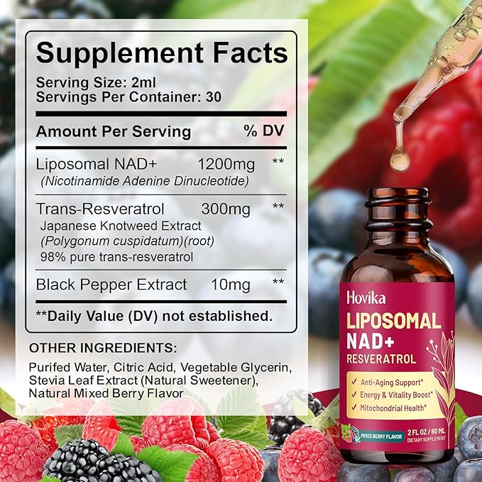 Liposomal NAD Supplement - 1200mg NAD+ Liquid Drops for Women & Men with Resveratrol, Black Pepper Extract - Support Anti-Aging, Brain & Cellular Mitochondrial Health - 2 Fl Oz Mixed Berry Flavor