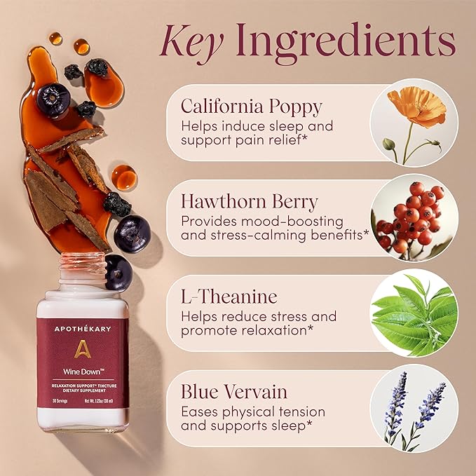 Apothékary Wine Down, Natural Sleep and Relaxation Support, Alcohol-Free Red Wine-Inspired Herbal Liquid Drops, Consists of Blue Vervain, Tart Cherry, and California Poppy, 4 oz, 100 Servings