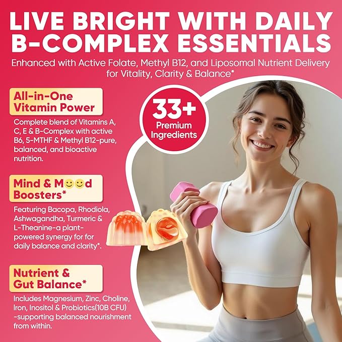 Methylated Vitamin B Complex Gummies for Women & Men, High Dose 2000 mcg Methyl B12, Liposomal Super All B Vitamins Methylfolate, B1, B2, B3, B5, B6, B7, Vitamin C, Choline for Energy, Focus, 60Counts