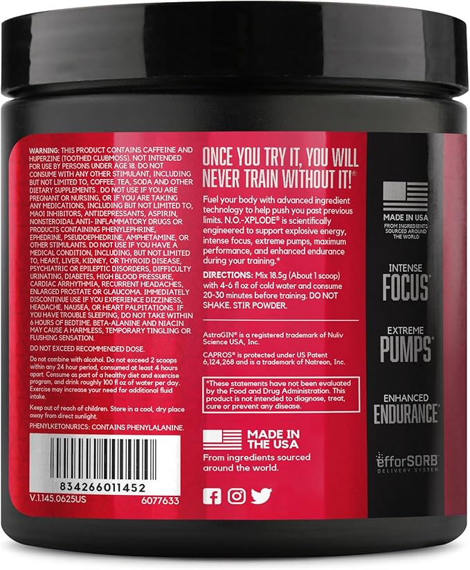 BSN N.O.-XPLODE Pre Workout Powder, Energy Supplement for Men and Women with Creatine and Beta-Alanine, Blue Raz, 16 Servings, 0.65 Pound