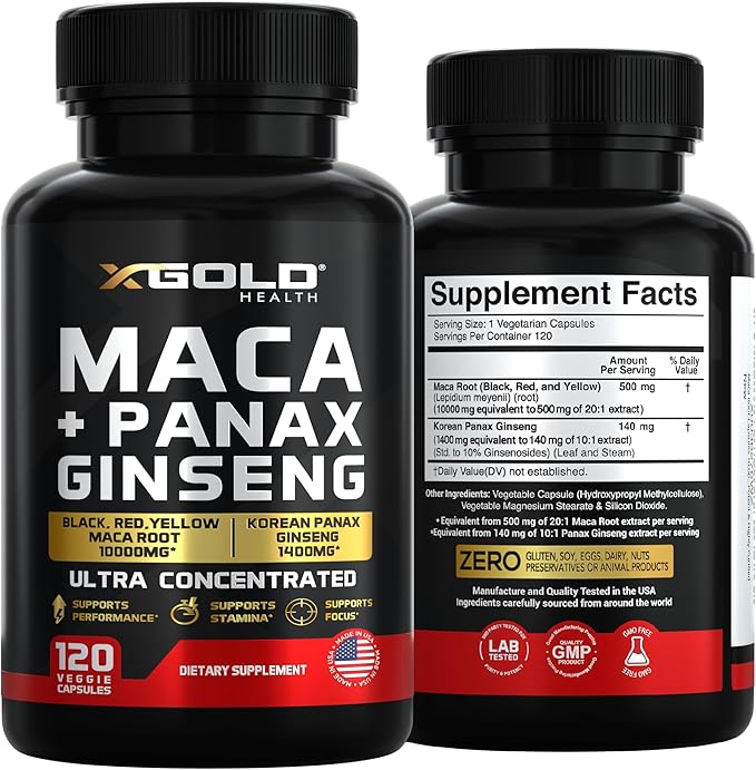 Maca Root Capsules 20:1 Extract + Korean Panax Ginseng10:1 Extract - 20x Concentrated Black + Red + Yellow Maca Root, 10x Concentrated Panax Ginseng Capsules - Ultra Potent & Highly Purified