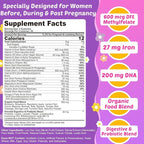 Prenatal Vitamins for Women with Methylfolate, Vegan Omega-3 DHA, Organic Food Blend, Probiotics, Iron, Vitamin D3 B6 B12, Choline, Sugar Free Multivitamin for Women During & Post Pregnancy, 120 Cts