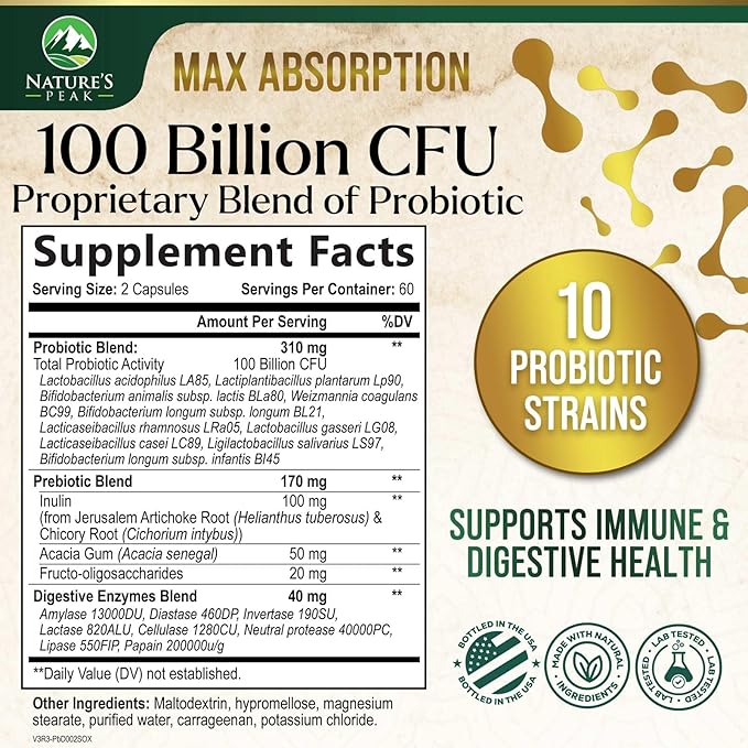 Probiotics 100 Billion CFU Per Serving - 16 Premium Probiotic Strains Prebiotics - Immune Support, Gut Health, Occasional Constipation, Gas & Bloating, Probiotics Supplement, USA Bottled, 120 Capsules