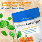 Silver Lozenges with Organic Manuka Honey and Vitamin C - All-Natural Nano Silver 45-50mcg of 60 PPM Colloidal Silver Mineral Drops to Support Immune System, Soothe, Cool Cough & Throat, 24-Lozenges