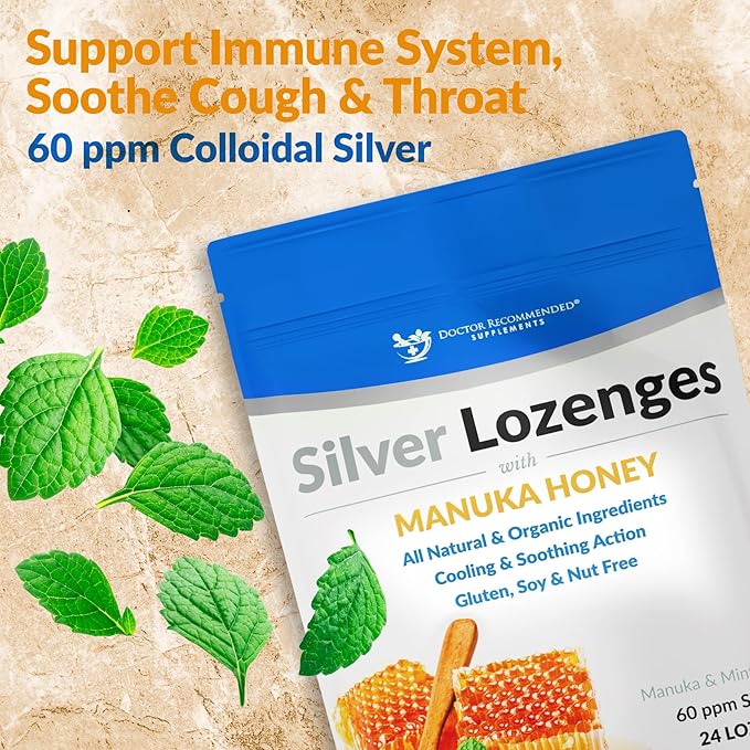 Silver Lozenges with Organic Manuka Honey and Vitamin C - All-Natural Nano Silver 45-50mcg of 60 PPM Colloidal Silver Mineral Drops to Support Immune System, Soothe, Cool Cough & Throat, 48-Lozenges