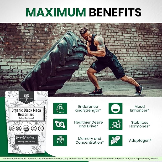 Organic Gelatinized Black Maca 3X Stronger 200 Capsules for Men & Women, Natural Energy Supplement for Focus, Performance, Stamina & Endurance, Mood Enhancement & Stability, Mental Clarity 1000mg x 2