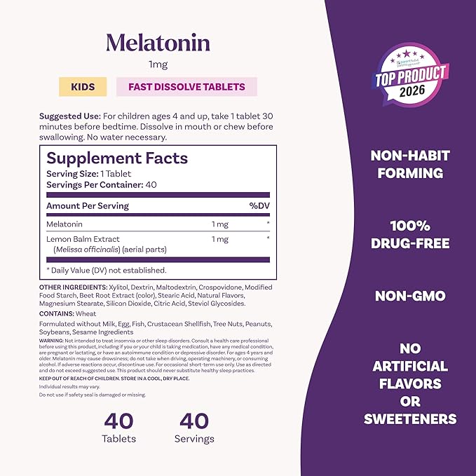 Natrol Kids Fast Dissolve Melatonin 1 mg, Dietary Supplement for Restful Sleep, Sleep Tablets for Kids, 40 Strawberry-Flavored Melatonin Tablets, 40 Day Supply