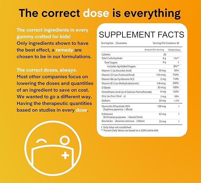 A Dose of Immunity Kids Immune Support Gummies Quercetin for Kids with Vitamin C, Zinc, Vitamin D, 100mg Quercetin Bromelain, Echinacea, Lung, Immune Defense, Immunity Booster 120 Count