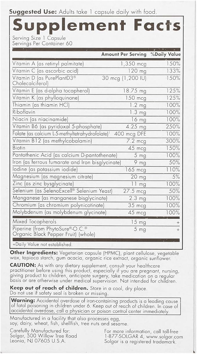 Solgar One Daily Women's Multi Whole Body Support Highly Absorbable Delayed Release Vitamin for Women, Supplement for Immune, Heart, Energy, Stress, Hair Skin Nails & Reproductive Health, 60 Servings