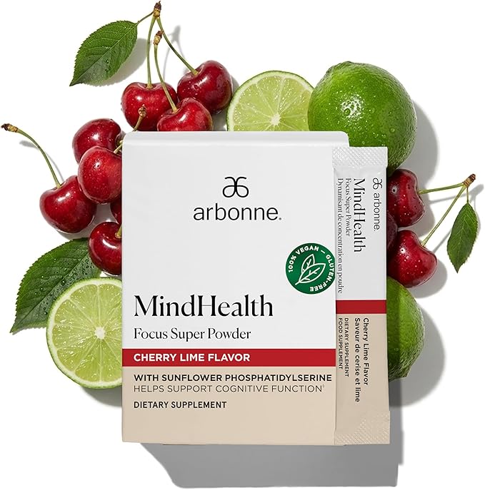 Arbonne MindHealth Focus Super Powder Cherry Lime Flavor – Vegan Cognitive Support Supplement with Phosphatidylserine, Vitamin B12, & Antioxidants for Memory & Focus, 30 Stick Packs