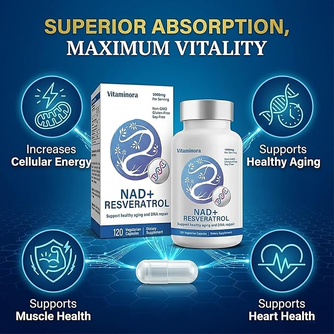 Liposomal NAD+ Supplement 500mg, Nicotinamide Adenine Dinucleotide for Cellular Energy and DNA Health, NMN Alternative for Healthy Aging and Focus, Enhanced Absorption, 120 Capsules, 2 Month Supply