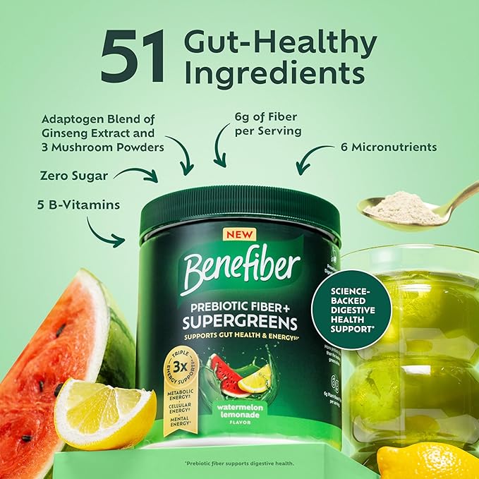 Benefiber Prebiotic GLP-1 Friendly Fiber + Supergreens Dietary Supplement Powder, Watermelon Lemonade Flavor, 8.8 oz (250g)