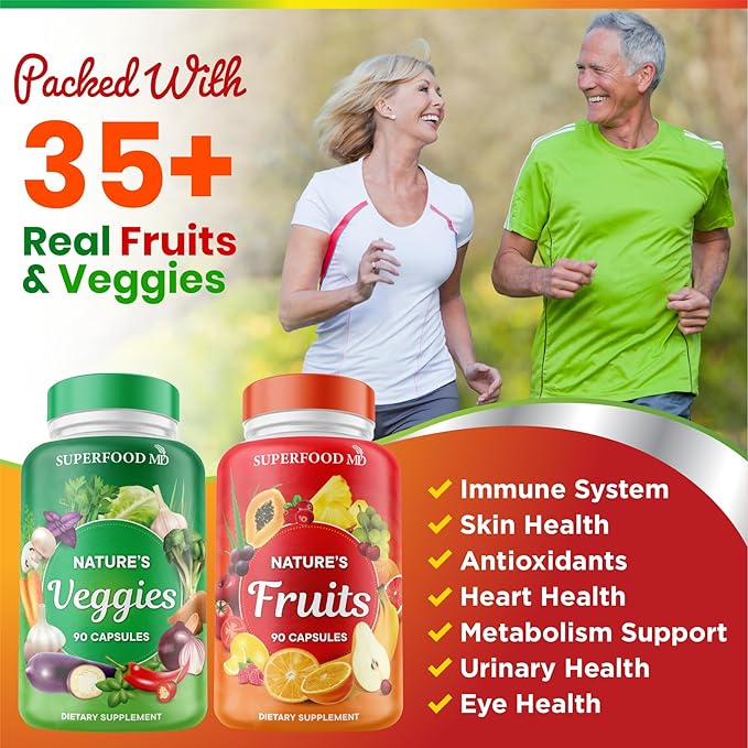Superfood 180 Fruit and 180 Veggie Capsules - Whole Food Natural Superfoods - Maintain Energy Levels, with Beta Carotene - Soy Free (90 Count (Pack of 4)