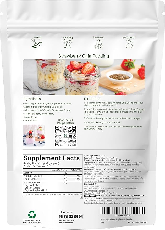 Micro Ingredients Organic Triple Fiber Powder, 2lb | Natural Prebiotic to Support Digestive & Gut Health | Soluble, Easily Digestible | Unflavored, Vegan