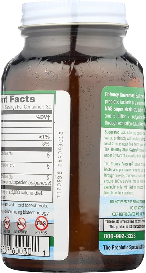 Natren Healthy Trinity Probiotics Supplement - 30 Dairy and Gluten Free Gel Capsules - Improve Gut and Digestive Health, 30 Billion CFU - Lactobacillus Acidophilus, Bifidobacterium, Bulgaricus