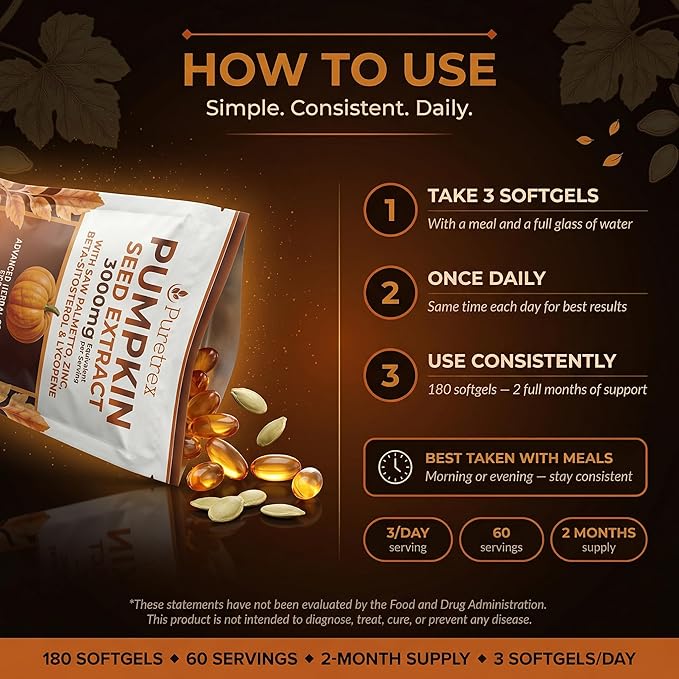 Pumpkin Seed Oil 3000mg with Saw Palmetto, Beta-Sitosterol, Zinc & BioPerine® – 180 Vegan Softgels | Prostate & Hair Growth Support | DHT Blocker | Urinary & Bladder Health | Cold-Pressed